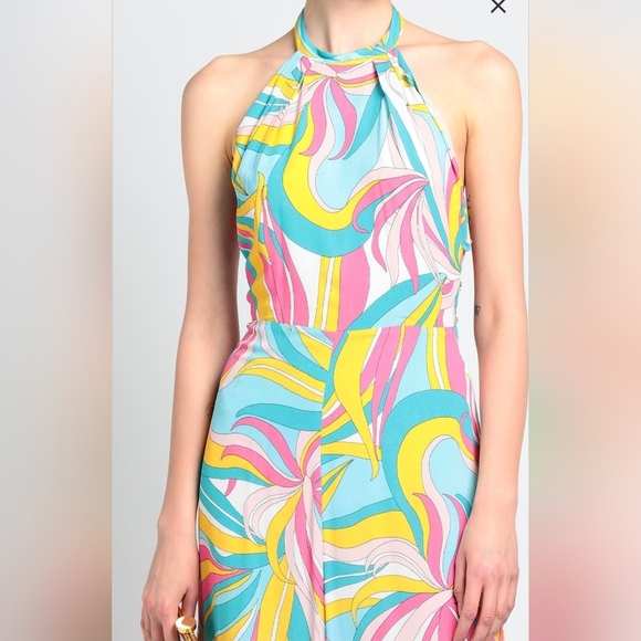 Pinko La Rioja Abito Crepe De Chine Multicolor Halter Maxi Dress Size 38 - Picture 5 of 16